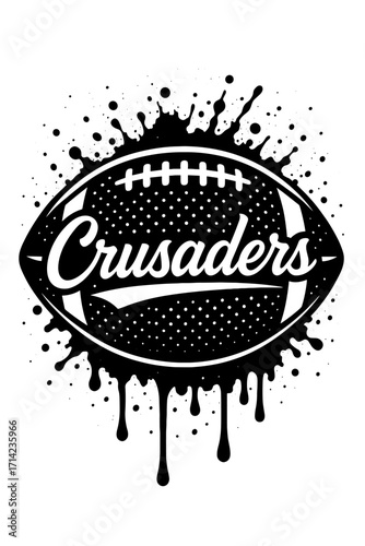 Dripping football logo with “Crusaders” text in bold black and white vector style, team pride sports design

