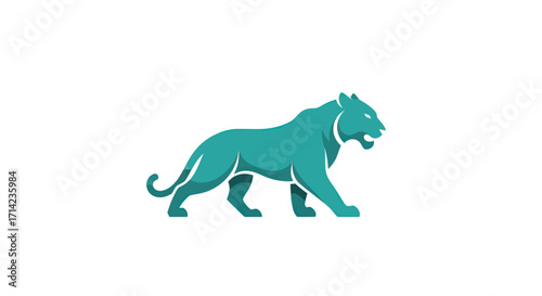 Stylized teal panther walking with powerful stride and alert expression.