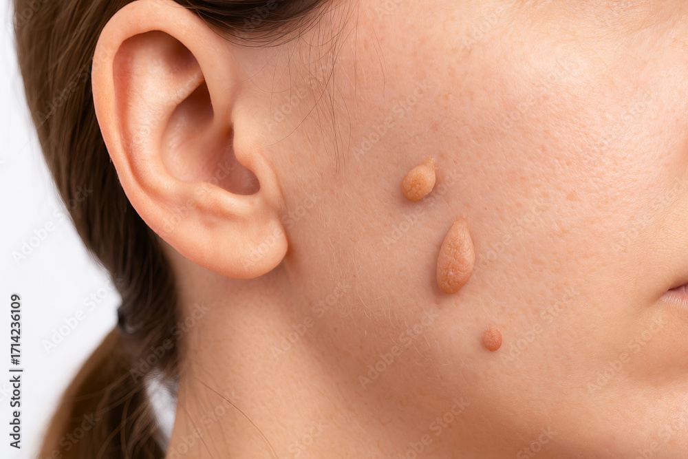 Obraz premium Close up of woman face with multiple papillomas on skin isolated on white background. Concept of skin disease, dermatology, viral infection, medical problem, diagnosis and treatment