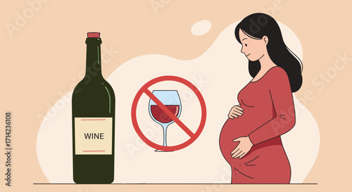 Pregnant woman looking at wine bottle with no drinking symbol - Concept of harm during pregnancy for the unborn child  