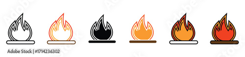 Campfire and Flame Icon Set in Outline and Flat Vector Style