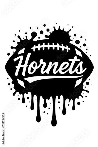 Black and white vector football logo with dripping effect and text “Hornets,” aggressive team mascot design
