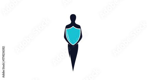 Person silhouette holding protective shield.