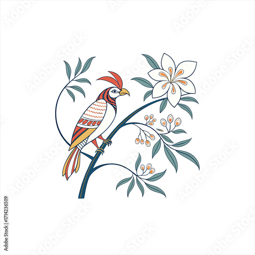 Wallpaper Mural Stylized bird perched on a branch with flowers and berries Torontodigital.ca