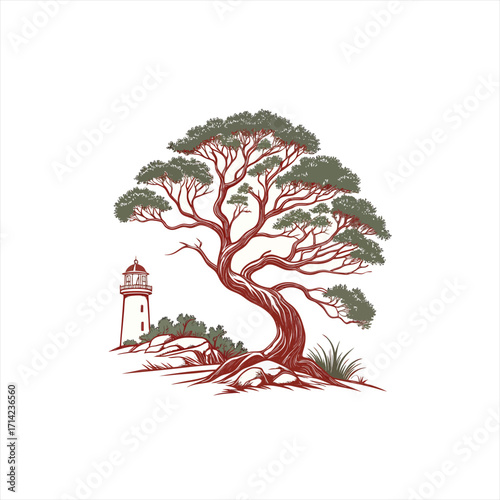 Wallpaper Mural Stylized illustration of a windswept tree and lighthouse on a rocky shore Torontodigital.ca