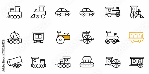 Collection of various outlined trains cars and other wheeled vehicles in a linear style design