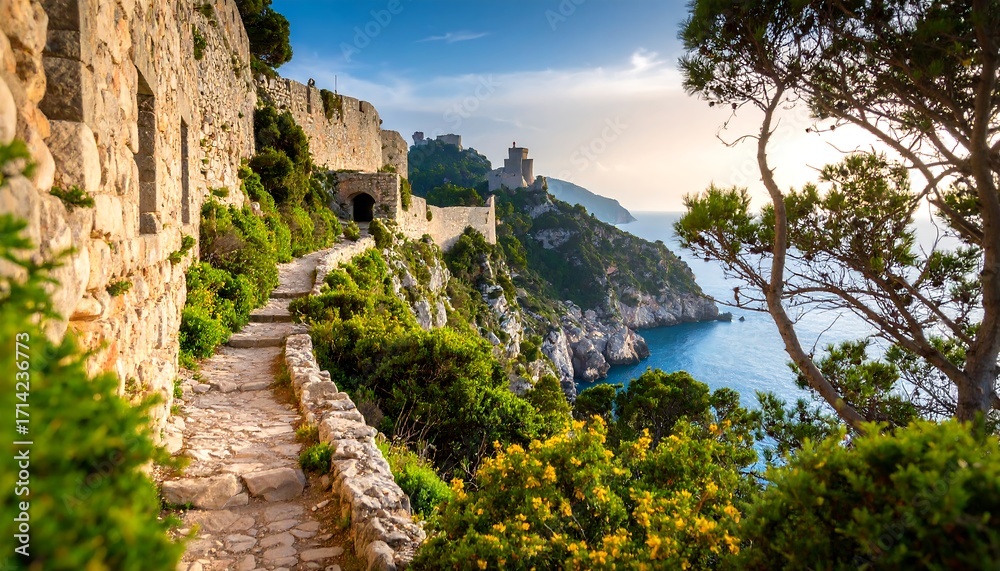 Fototapeta premium Coastal path winding through ancient walls