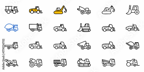 Collection of construction vehicles including trucks, excavators, and cement mixers in a line art style