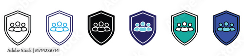 Community and Team Protection Shield Icon Set in Outline and Flat Design