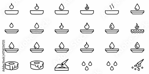 Collection of various liquid drops and bowls with different states and forms in a line art style