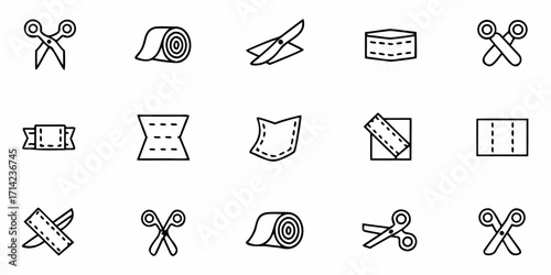 Illustration of sewing and cutting icons featuring scissors fabric and various cut shapes in black outline
