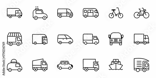 Line art illustration showcasing various modes of transportation including cars trucks and bicycles