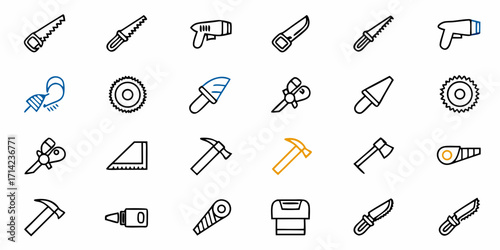 Illustration showing various tools including saws, hammers, axes, and other carpentry equipment icons