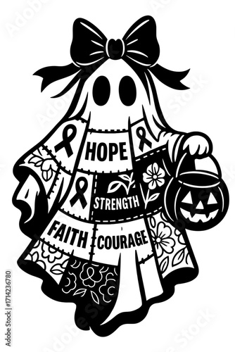 Black and white vector of a ghost holding a cross and words like “Faith,” “Hope,” “Courage,” symbolizing faith-based Halloween design
