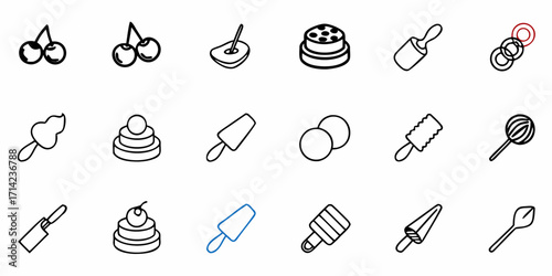 Line art illustration of assorted sweets and desserts including cherries and ice cream treats on white