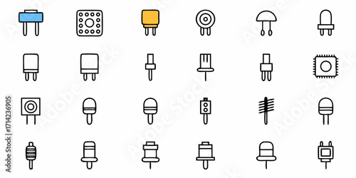 Illustration of various electronic components including capacitors, ics, and other circuit elements