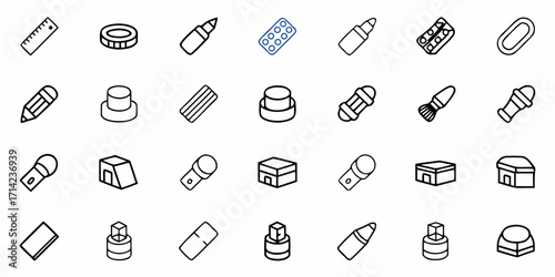 Outlined icons of school and office supplies including ruler pencil and eraser arranged in a grid format