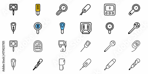 Illustration of various types of thermometers and measurement devices in a grid pattern on a white background
