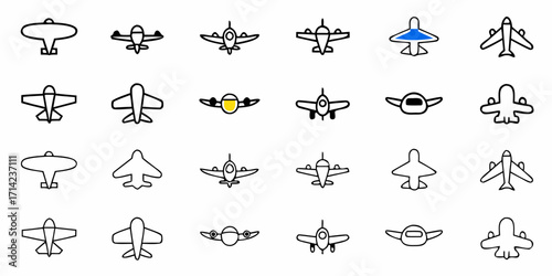 Collection of various airplane icons in black outline with some colored accents and different wing shapes