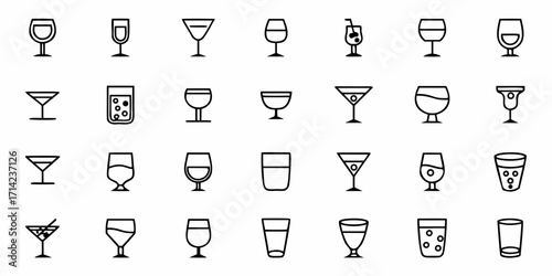 Collection of various stylized black outline drawings of different types of drinking glasses on white background