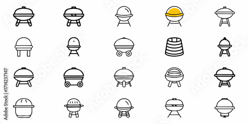 A collection of twenty different barbecue grill icons in a simple black and white outline style set