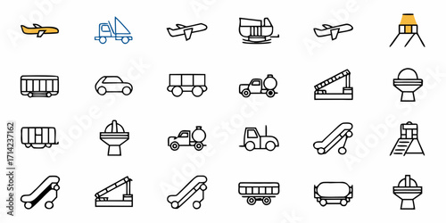 Illustration of various transportation and infrastructure icons including planes and trains and vehicles