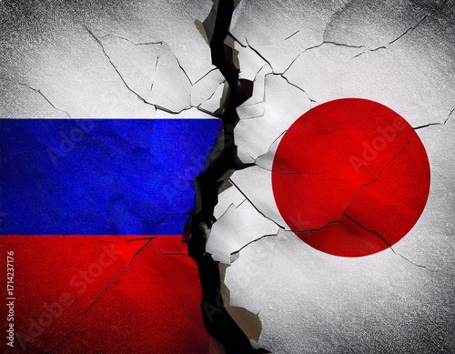 cracked floor with russia and japan flag on each side