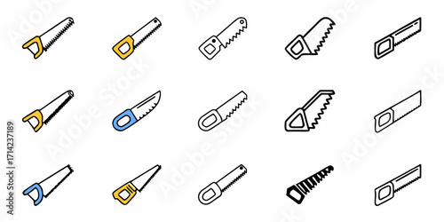 Illustration of various hand saws with different handle colors and blade styles arranged in rows