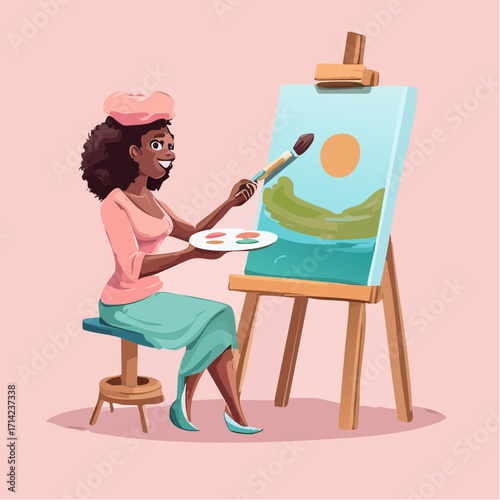 Vector image of a woman painting a landscape on canvas on transparent background