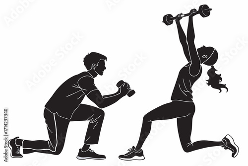 Fitness training silhouettes with weights for couple strength and cardio workout
