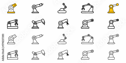 Illustration showing various industrial robot arms in different designs and configurations on a white background