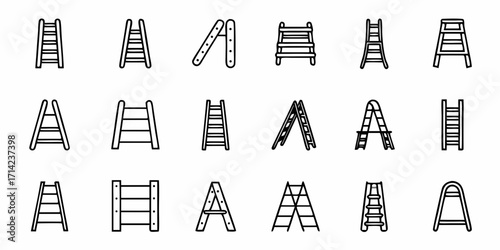 Illustration showcasing a variety of ladders and climbing structures in a simple black and white outline style