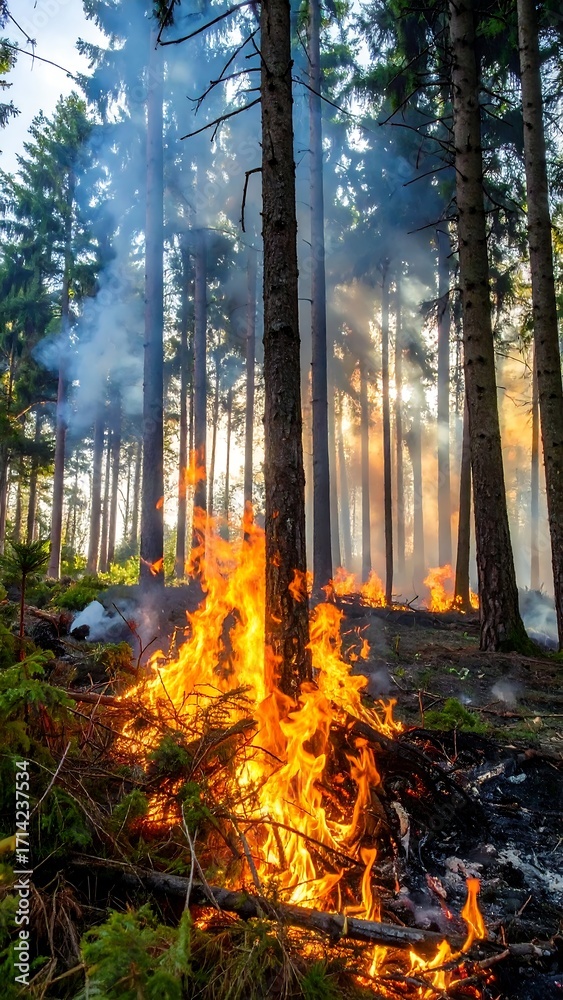 Fototapeta premium Forest fire at sunset