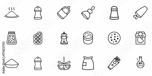 Collection of kitchen and food related icons including spices condiments and prepared dishes in outline style