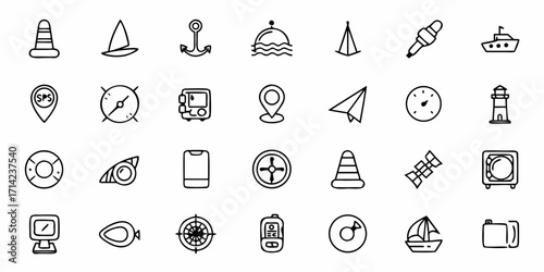 Collection of nautical themed icons including boats compasses and safety equipment in a simple line art style