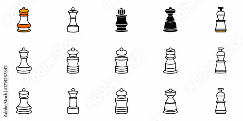 Collection of fifteen stylized chess queen pieces in varying designs and color schemes on a white background