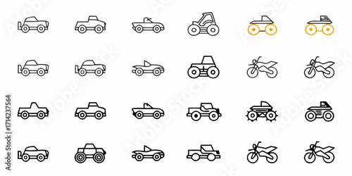 Collection of various vehicle icons including cars, tractors, motorcycles and off road vehicles shown