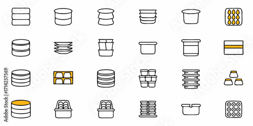 A collection of various container and dish icons in a neat and organized display pattern design style