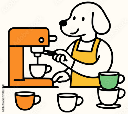 A dog bartender makes coffee in a coffee machine