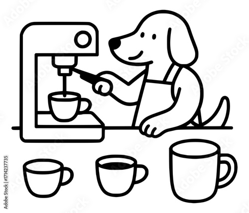 A dog bartender makes coffee in a coffee machine at a cafe