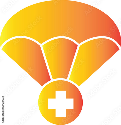 Parachute with medical cross icon, emergency rescue supply drop, first aid survival assistance symbol for healthcare, transparent background