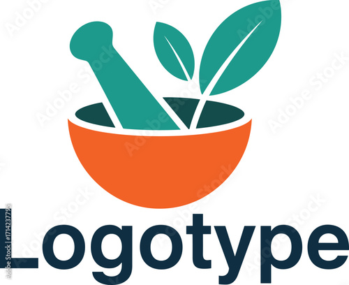 Orange Bowl with Teal Pestle and Green Leaves Illustration for Herbal Medicine Logo image