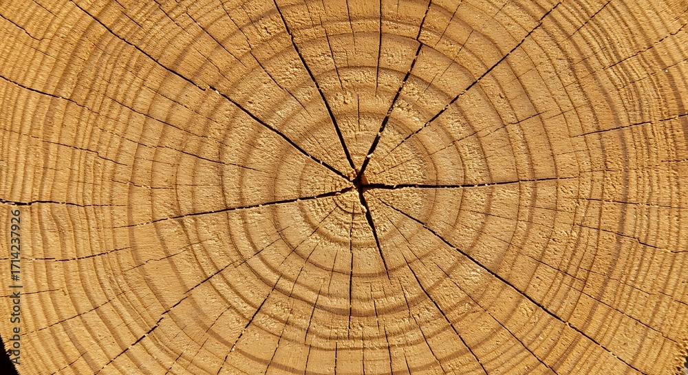 Fototapeta premium Close-up of a weathered wood log cross-section showing growth rings and cracks