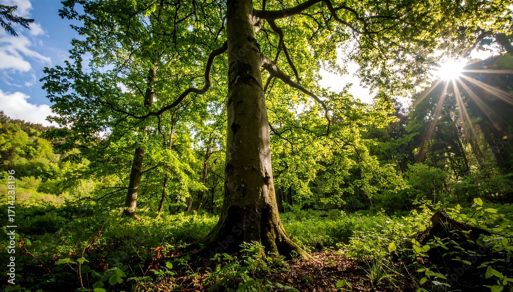 Obraz premium Sunlight filtering through a lush forest