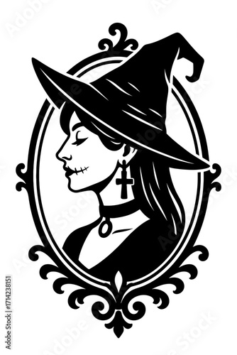 Black and white vector illustration of a beautiful witch in profile wearing a pointed hat and earrings, elegant Halloween design
