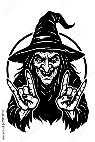 Black and white vector of a wicked witch wearing a hat and horns, showing rock hand gesture with creepy smile, Halloween or occult theme
