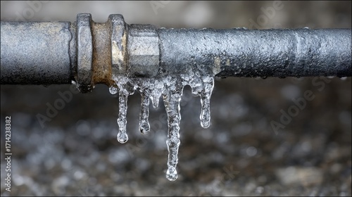 Frozen icicles hanging on gray metal pipe after winter thaw, natural background with cold water drops, sharp crystal shapes, seasonal weather change, melting ice and frozen water formation concept