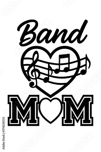 Black and white vector of the word MOM with a heart-shaped football and laces replacing the letter O, sports mom appreciation graphic
