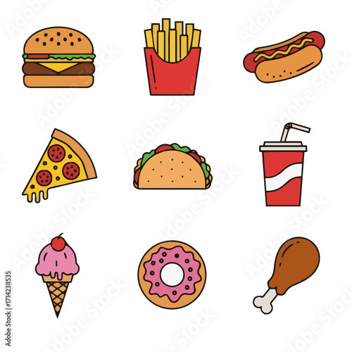 Collection of popular fast food icons for a menu or advertisement, ,