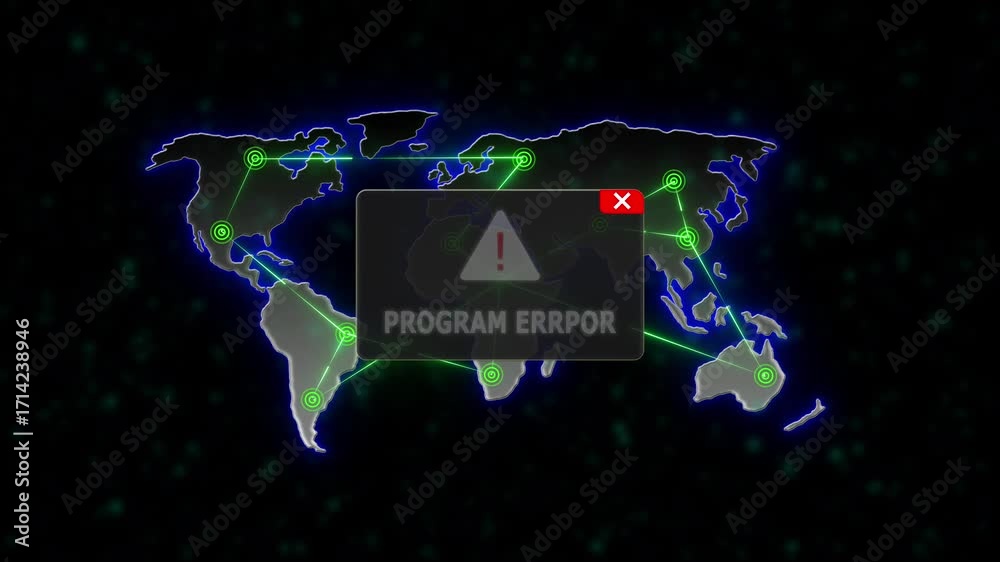 PROGRAM ERROR Alert Warning Message Attack on World map. radio waves ...